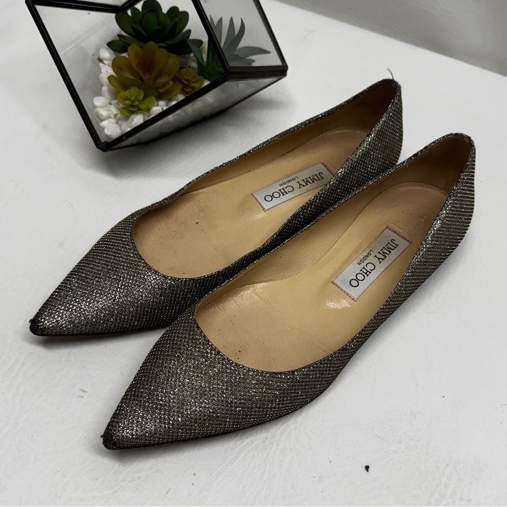 JIMMY CHOO ALINA Lame Glitter Light Bronze Ballet Flats Size 37 / US 7